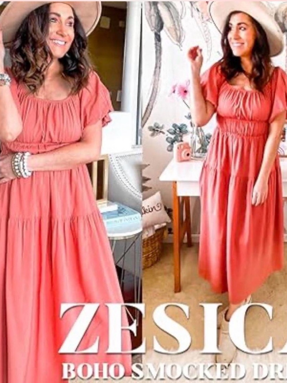 Zesica Coral Smocked Boho Midi Dress M